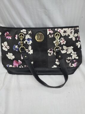 Liz Claiborne Black Floral Tote with Gold Tone Hardware